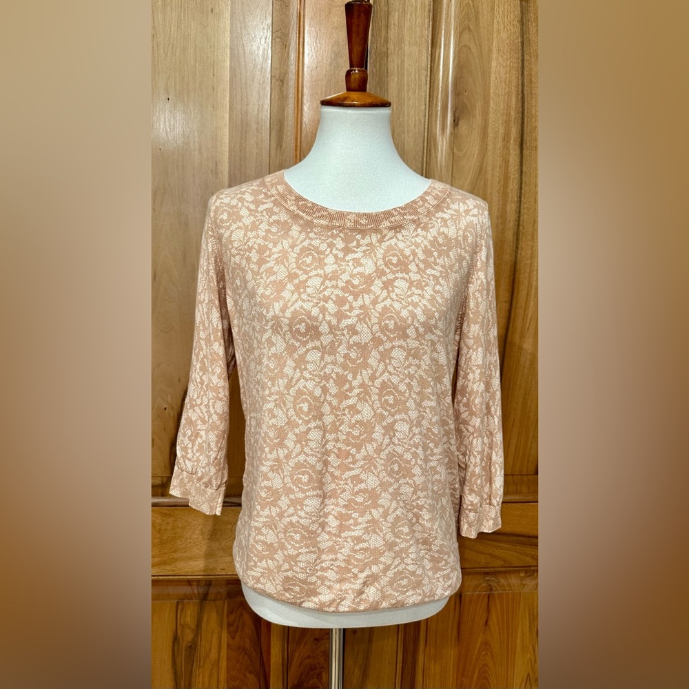 Talbots - Lace-Print, Peachy-Beige 3/4 Length Sleeve Cotton/Rayon Top - EUC - XL